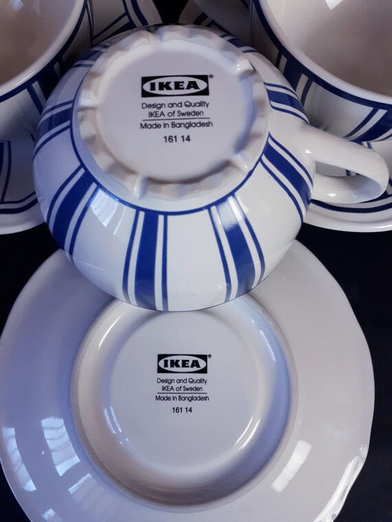 6er-Set IKEA Teetassen mit Untertassen, Vintage Art Deco Retro-Design, Weiß und Kobaltblau