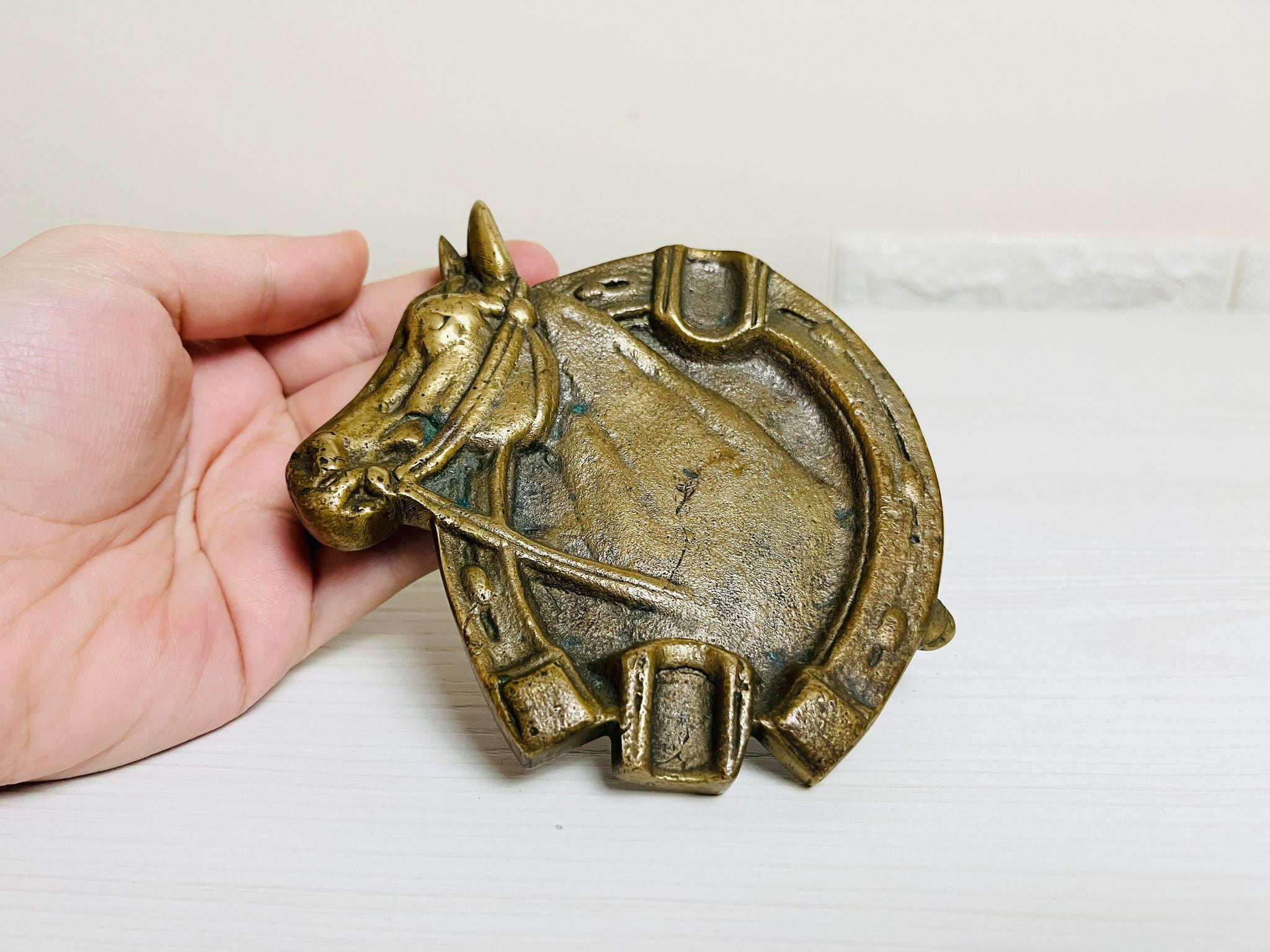 Vintage Brass Horse and Horseshoe Ashtray, Rustic Decor for Horse