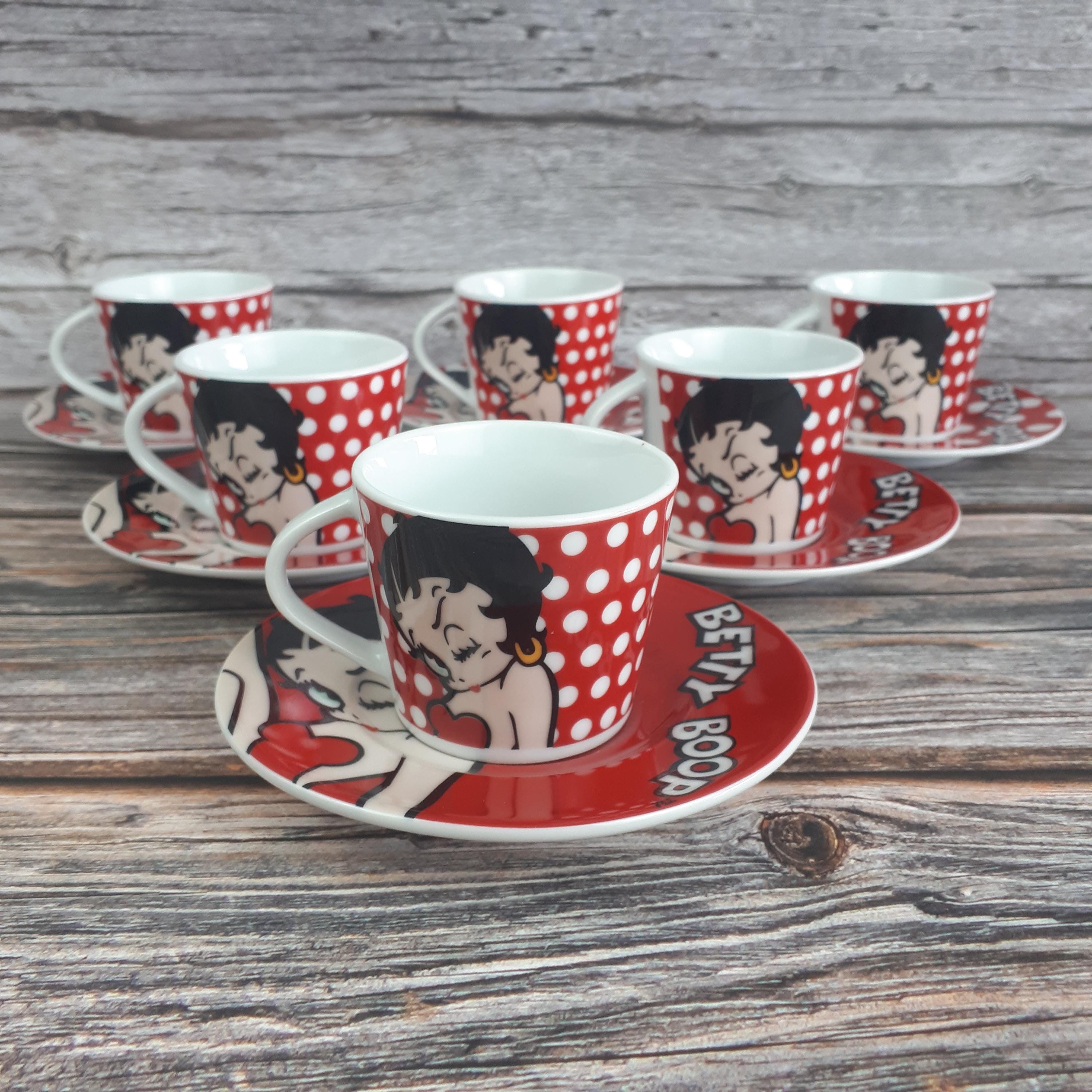 Set of 6 Betty Boop Coffee Cups in Red Ceramic With Polka Dots