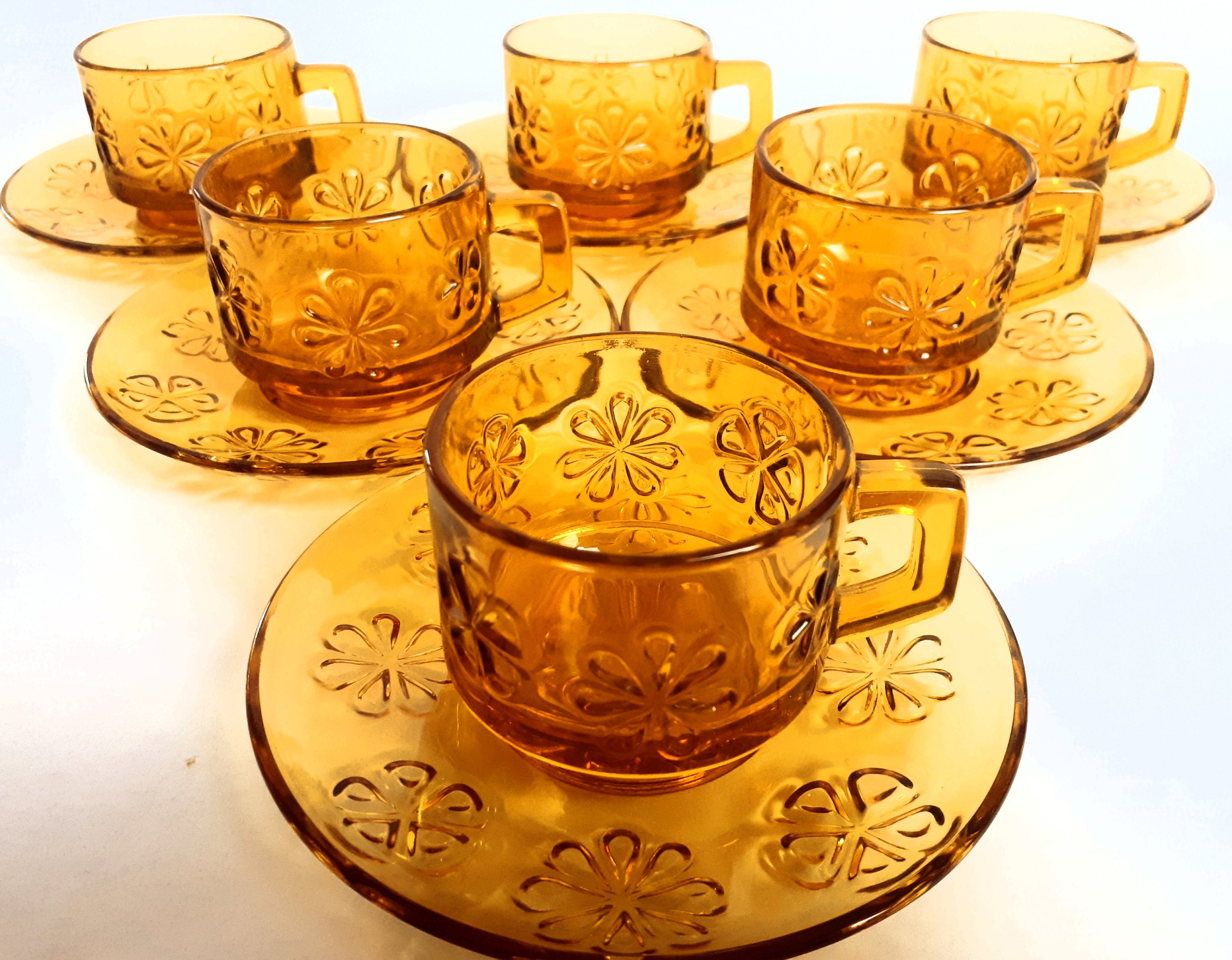 Set 6 Tazzine Vereco France Daisy Vetro Ambrato Retrò Vintage Anni