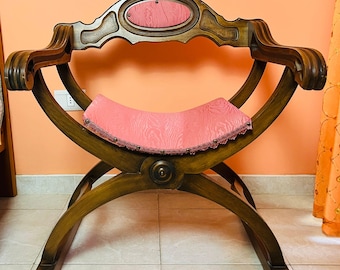 Antique Savonarola Chair in Solid Wood with Velvet Seat Made in Italy Vintage 60s Folding Armchair