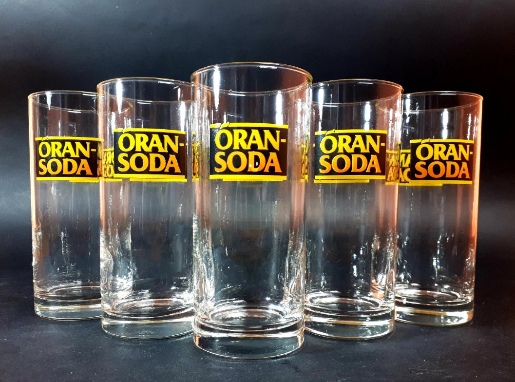 Oran-Soda Glasses Set 5 pcs 80s Oransoda Vintage Advertising Oran Soda Retro Glass