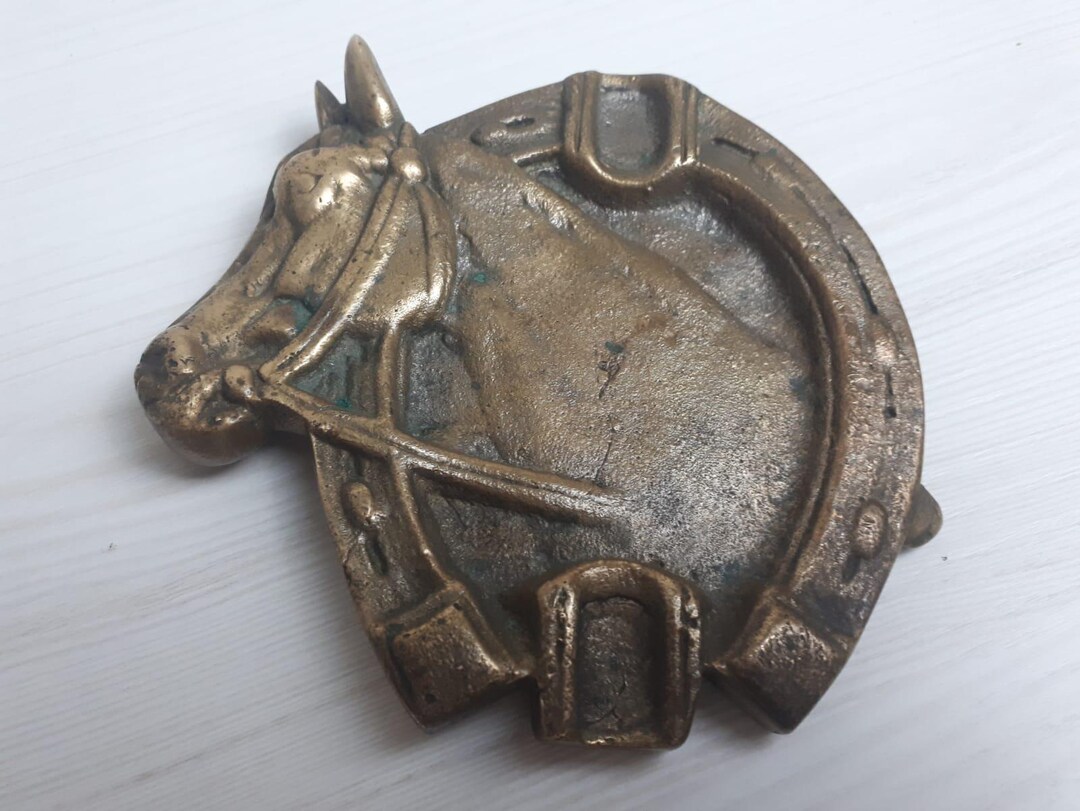 Vintage Brass Horse and Horseshoe Ashtray, Rustic Decor for Horse