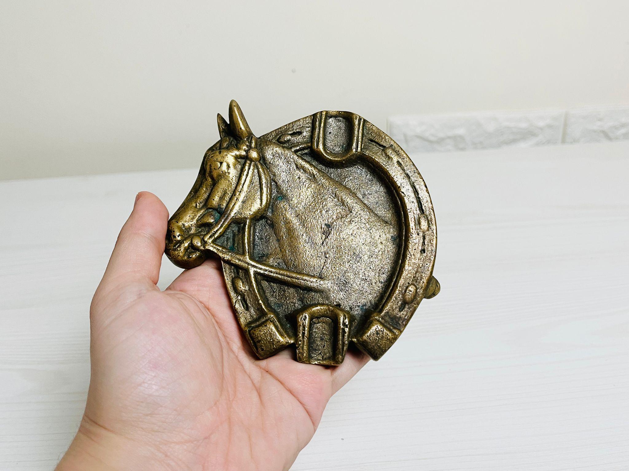 Vintage Brass Horse and Horseshoe Ashtray, Rustic Decor for Horse