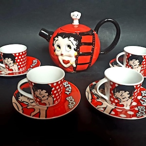 Betty Boop coffee set 4 cups + red ceramic teapot polka dots 2000s collection, retro cartoon, pop art style