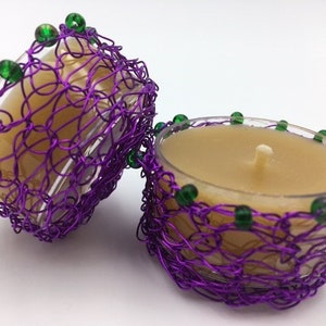 Purple Beaded Wire Candle Holders // 100% Beeswax Candles // Natural Honey Scent / Tea Lights