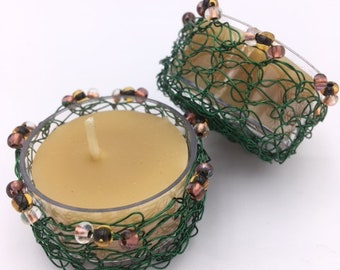 Candles Multicolor Cluster Beaded Wire Candle Holders // 100% Beeswax Candles // Tea light Candles // Handcrafted