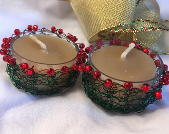 Red Beaded // Green Crochet // Tea Light Holders // 100% Beeswax Candles//