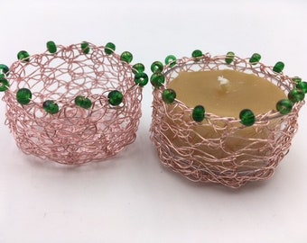 Copper Beaded Wire Candle Holders // 100% Beeswax Candles // Tea Lights // Honey Scent