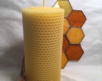 Pillar Beeswax Candle/ 6” Tall/Hand Rolled/Honeycomb/ Natural/100% Beeswax/Pure Beeswax/Decor