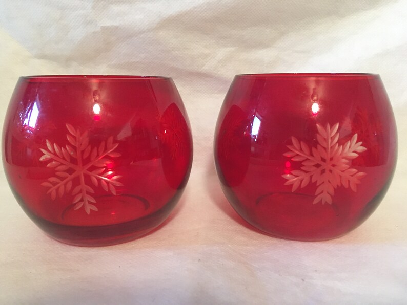 Christmas Holiday Candle Holders Etched Glass Snowflake Red Tea Lights Votives Beeswax Gift Idea Home Decor
