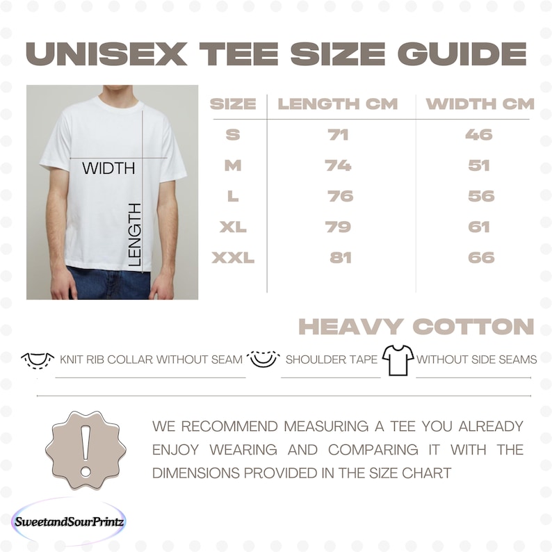 Może przedstawiać: Tabela rozmiar&oacute;w dla koszulki unisex z wymiarami w centymetrach dla rozmiar&oacute;w S, M, L, XL i XXL. Tabela zawiera wymiary długości i szerokości dla każdego rozmiaru. Tekst "Heavy Cotton" jest wyświetlany pod tabelą. Tekst "Knit rib collar without seam" i "Shoulder tape" jest wyświetlany pod tabelą. Tekst "Without side seams" jest wyświetlany pod tabelą. Tekst "Zalecamy zmierzenie koszulki, kt&oacute;rą już nosisz i por&oacute;wnanie jej z wymiarami podanymi w tabeli rozmiar&oacute;w" jest wyświetlany pod tabelą.