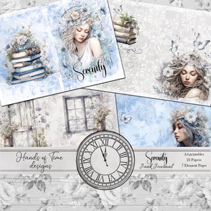 Sereniteit, Junk Journal-kit, Blauw kalm, Versieringen, Digitaal afdrukbaar, Uitsneden, Direct downloaden, Papierkunst, Scrapbooking