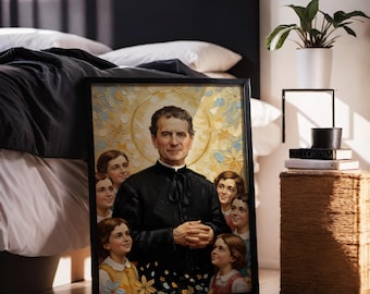 Portrait numérique de Don Bosco, impression d'art catholique moderne, John Bosco