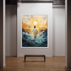 Jesus Christ Walking on Water, Christian Art, Digital Jesus Portrait, I Will Walk With Christ LDS, Jesus Oil Painting, Bible Verse Wall Art