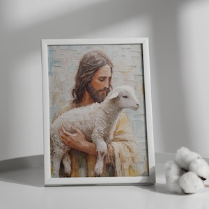 Arte cristiano moderno, pintura cristiana, Jesús y el cordero, arte de Leave the 99, arte de versículos bíblicos, pintura mormona, pintura de Jesús