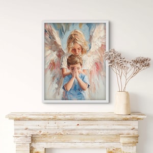 Guardian Angel with Boy - Christian Wall Art, Religious Painting, Spiritual Gift, Angelic Protection Decor