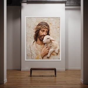 Arte cristiano moderno, pintura cristiana, Jesús y el cordero, arte de Leave the 99, arte de versículos bíblicos, pintura mormona, pintura de Jesús