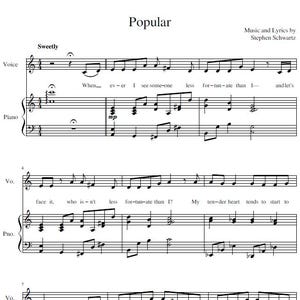 May include: Musical score for the song "Popular" by Stephen Schwartz, printed in black ink on white paper. The sheet music includes vocal and piano parts, with the title at the top.