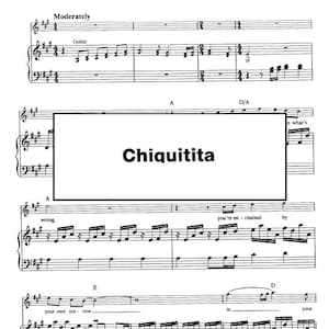 Könnte beinhalten: Eine Notenpartitur für das Lied "Chiquitita" von ABBA. Die Musik ist in A-Dur geschrieben und enthält Texte für den Refrain und die Strophen.