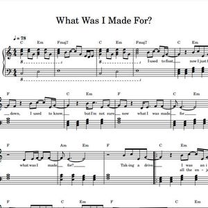 Peut inclure: Partition de musique pour la chanson "What Was I Made For?" avec notation musicale et paroles. Les paroles incluent "I used to float, now I just fall down, I used to know, but I'm not sure now what I was made for."