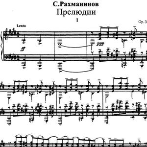 May include: Sheet music for a musical composition by C. Rachmaninoff, titled "Preludes I" and "Op. 3, No 2". The music is written in black ink on white paper, with musical notation including notes, rests, and dynamic markings. The word "Lento" is written at the top.