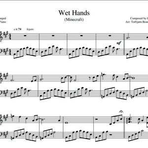 Puede incluir: Partitura para piano de "Wet Hands" de Minecraft. La partitura está arreglada para piano, con notación musical que incluye claves de sol y de fa. El título y el nombre del compositor son visibles.