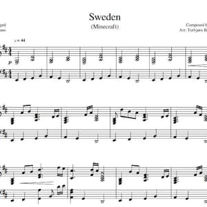 Puede incluir: Partitura de piano para "Sweden" de Minecraft. El título está en la parte superior, con los nombres del compositor y el arreglista debajo. La notación musical incluye claves de sol y de fa, con varias notas y silencios.