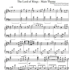 May include: Sheet music for "The Lord of Rings - Main Theme" with musical notes and symbols. The arrangement is by Patrik Pietschmann and rewritten by YoursPride. Includes dynamic markings like "mf" and "cresc."