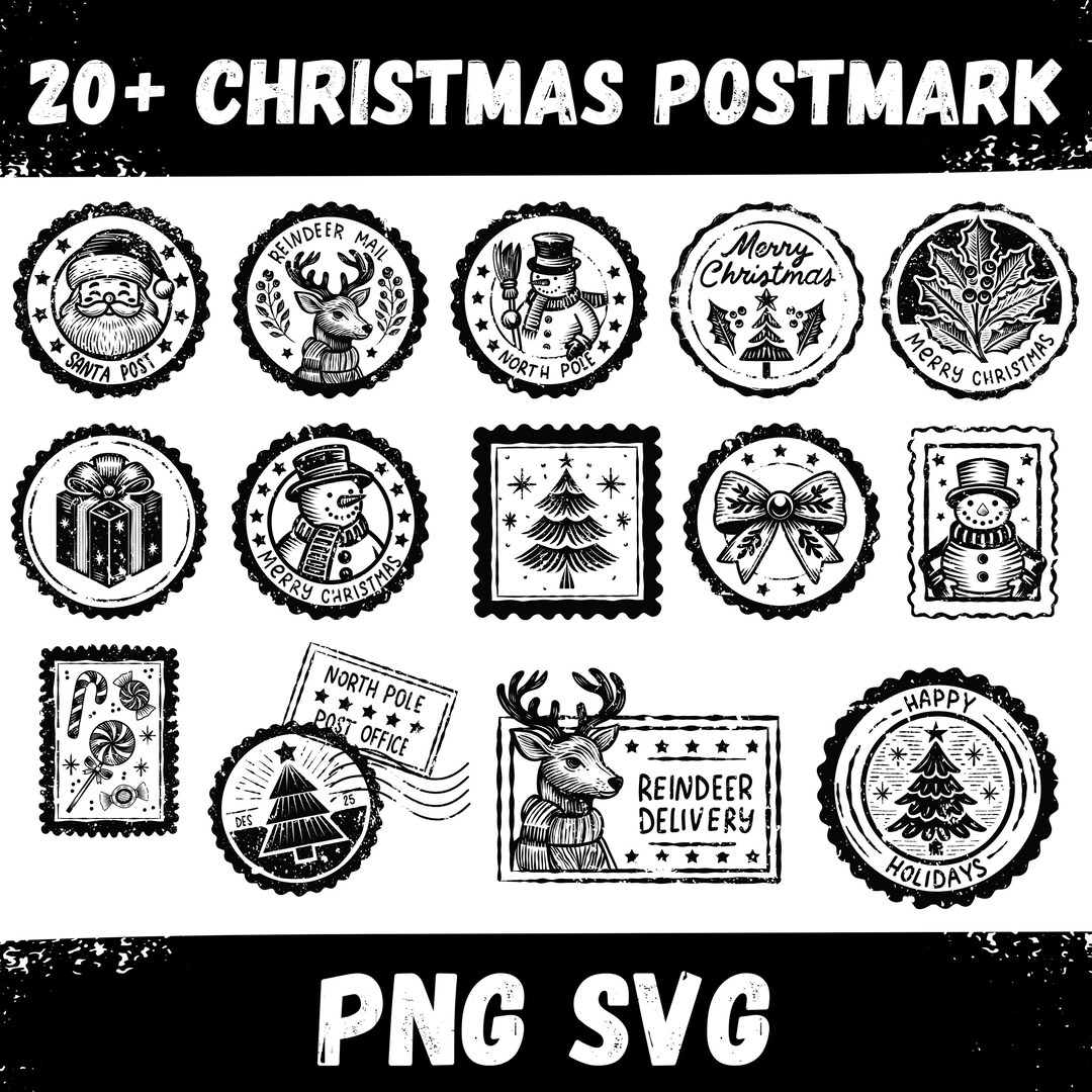 Christmas Postmark Bundle PNG SVG | 20+ Holiday Stamp Designs | Winter ...