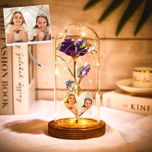 Custom Heart Photo Eternal Rose Lamp – Colorful LED Night Light in Glass Dome, Forever Roses Gift for Anniversary, Wedding, Birthday