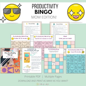 Könnte beinhalten: Ein druckbares PDF eines Produktivitäts-Bingo-Spiels für Mütter. Das Spiel hat mehrere Seiten mit verschiedenen Aufgaben, die es zu erledigen gilt, von leicht bis schwer. Die Seiten sind in einem rosa-blauen Farbschema dekoriert und zeigen eine Vielzahl von Symbolen und Illustrationen.