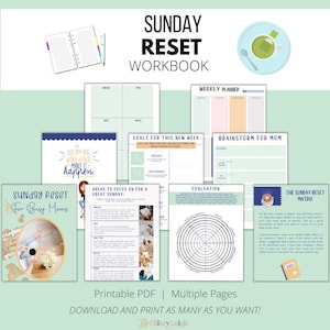 May include: A printable Sunday Reset Workbook for busy moms. The workbook includes pages for weekly planning, goal setting, brainstorming, evaluation, and a Sunday Reset Matrix. The pages are designed with a light blue and white color scheme.