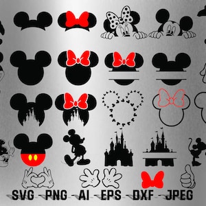 Puede incluir: Un conjunto de 20 archivos de corte SVG en silueta negra y blanca con personajes de Mickey Mouse y Minnie Mouse, incluyendo sus cabezas, orejas y un castillo. El conjunto también incluye un lazo rojo, corazones y manos de Mickey Mouse.