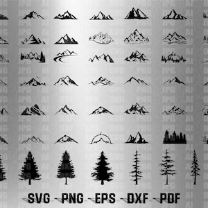 Peut inclure: Plusieurs silhouettes noires de montagnes et d'arbres de différents modèles. L'image contient le texte "SVG - PNG - EPS - DXF - PDF" en bas. Ces graphiques sont adaptés aux projets de conception numérique.