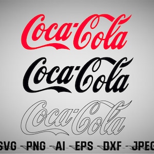 May include: Three versions of the Coca-Cola logo in red, black, and white. The logos are in a stylized script font. The text below the logos reads "SVG - PNG - AI - EPS - DXF - JPEG".
