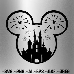 May include: Black and white silhouette of Mickey Mouse's head with fireworks and Cinderella's castle inside.