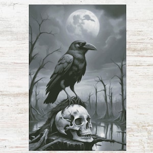 May include: A black raven perched on a white skull with a dark background and a full moon in the sky.