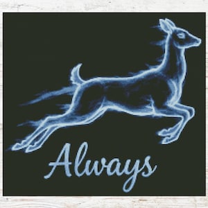 May include: A blue and black cross-stitch pattern featuring a stylized deer leaping across the frame. The word "Always" is written in a cursive font below the deer. The deer and text are in a light blue color.