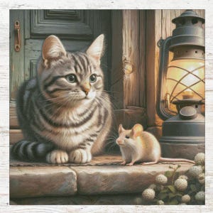 May include: A tabby cat with green eyes sits on a wooden step, looking at a small brown mouse. An antique oil lamp with a glass chimney sits behind the cat.