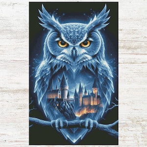 May include: A digital art print of a blue owl with piercing yellow eyes, perched on a branch. The owl's body reveals a castle scene. The artwork has a fantasy theme and is set against a dark background.
