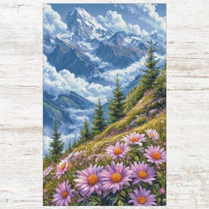 Puede incluir: Una pintura de paisaje representa una cordillera con picos nevados y nubes blancas. El primer plano presenta una ladera cubierta de margaritas moradas con centros naranjas y follaje verde. Los árboles de hoja perenne salpican la ladera.