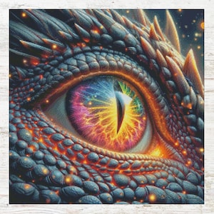 May include: Close-up of a dragon's eye with a fiery, rainbow-colored iris. The eye is surrounded by textured, dark grey scales.