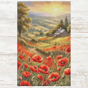 Puede incluir: Una pintura de un paisaje rural con una pequeña casa en la distancia. En primer plano, un campo de amapolas rojas en flor.