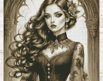 Gothic Princess Cross Stitch Pattern, Victorian Lady Instant Download PDF,  Sepia Counted Cross Stitch, Pattern Keeper, Saga, Sepia