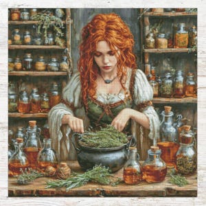 May include: A red-haired woman in a white and green dress is preparing a potion in a cauldron. She is surrounded by shelves of glass bottles filled with colorful liquids and herbs. The scene is set in a dimly lit room with wooden shelves and a rustic atmosphere.