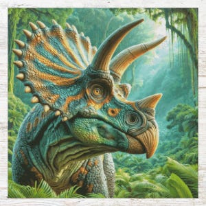 May include: A close-up of a green and brown triceratops dinosaur with a large frill and three horns. The dinosaur is in a lush green jungle setting.