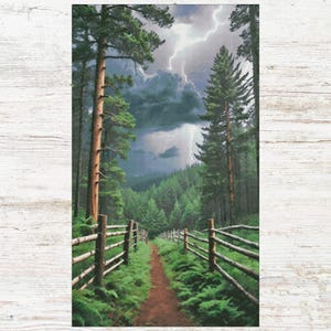 May include: A landscape painting shows a forest path with wooden fences and greenery. Tall pine trees and a dramatic sky with lightning are visible. The path is a reddish-brown colour, leading into the distance. The artwork evokes a sense of nature.