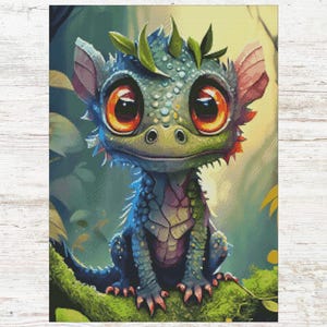 May include: A digital illustration of a cute, cartoon-style dragon. The dragon has large orange eyes, green and blue scales, and is perched on a mossy branch. The background features a soft, blurred forest scene with green foliage.
