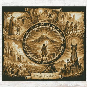May include: A sepia-toned rectangular print featuring a central circular frame with Elvish script surrounding a figure holding a glowing object before a mountain. Surrounding scenes depict a wizard, a fortress, a tower, and soldiers. Text reads "One Ring to Rule Them All".